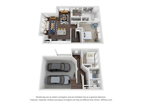 Floor plan for 2 beds, 2.5 baths, 1287 sqft
